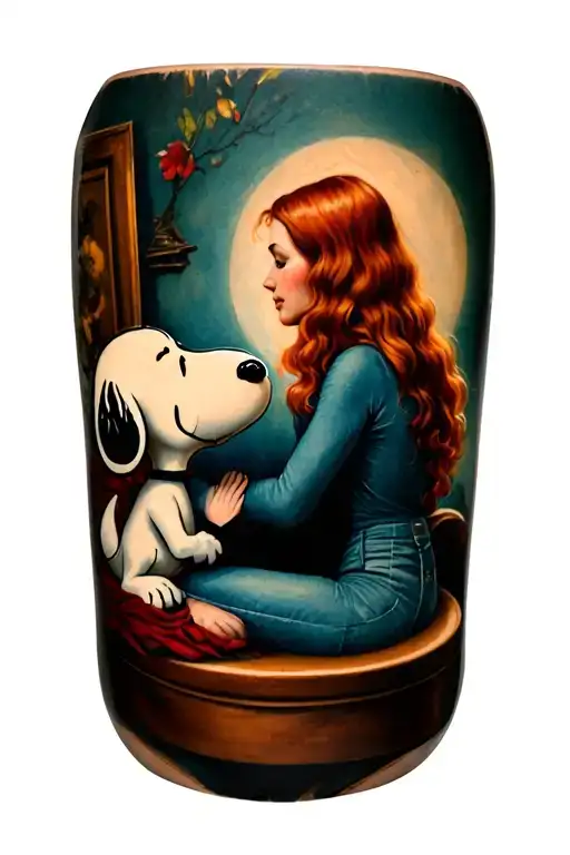 Snoopy Laying Head On Red Headed Woman's Lap Facing Eachother