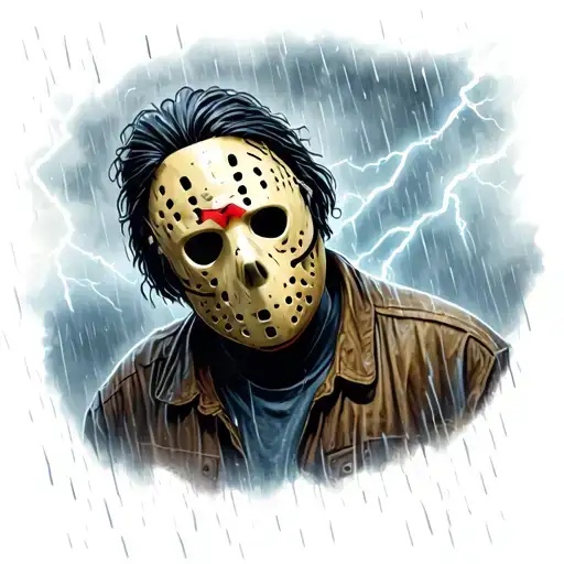 A Colored Tattoo With Jason Vorhees In A Rainstorm With Lightning In The Background