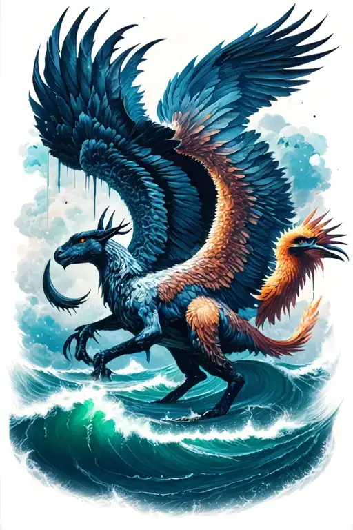 Capricorn Melted With Phenix Bird In A Storm Scenario In The Ocean In An Unknown Universe