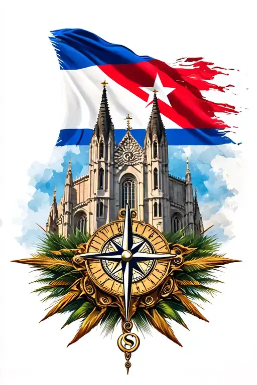 The Cuban Flag Intertwined With A Compass With A Cuban Cathedral At The Bottom