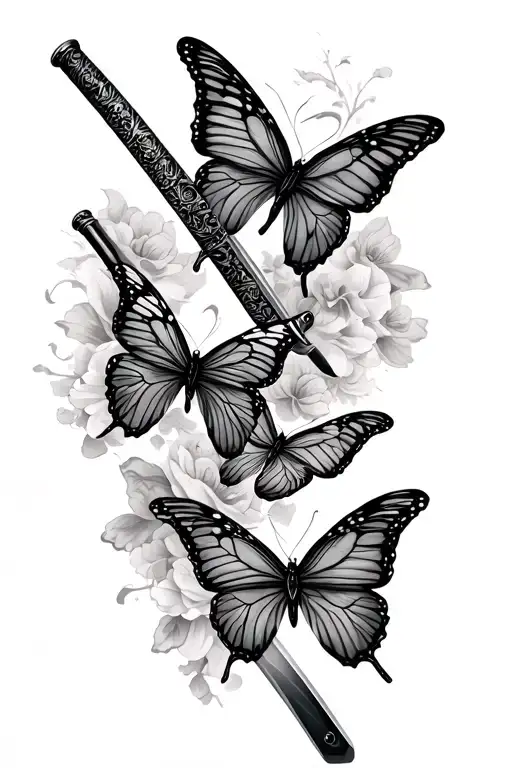 Katana With Four Butterflies Flying