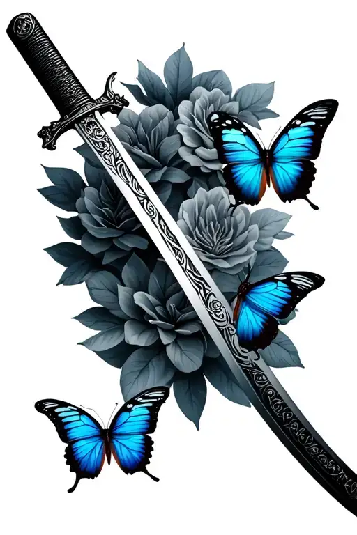 Katana With Four Butterflies Flying No Flowers Or Background