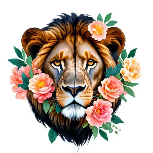 Lion Face With Flowers Covering Half The Face