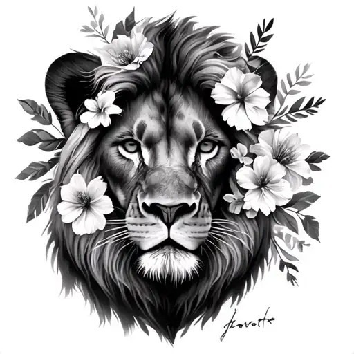 Lion Face With Flowers Covering Half The Face In Black And Gray