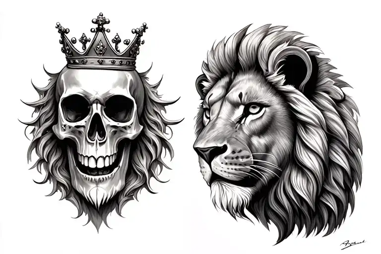 Skull Wearing A Crown And Lion Wearing A Crown