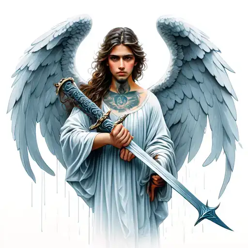 Angel Holding A Sword Surrounded My Rain Neck