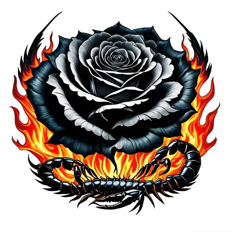 Phoenix Rising From Flames Black Rose With Scorpion At The Feet