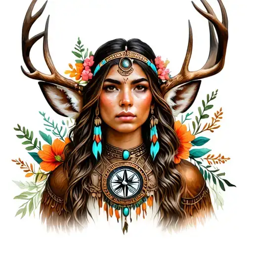 Deer With Wild Flowers Compass Jewels Native Women Warrior