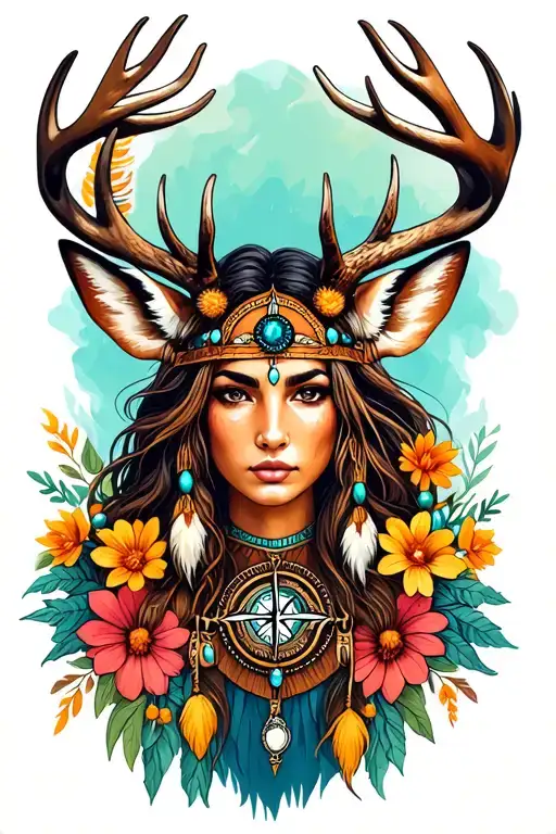 Deer With Wild Flowers Compass Jewels Native Women Warrior
