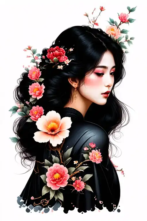 Beautiful Japanese Woman With Flowers Intertwined