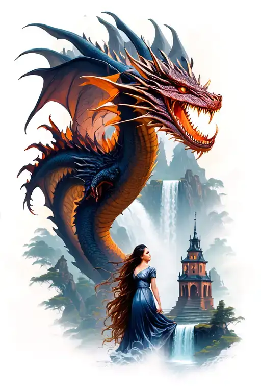 Beautiful Woman With A Dragon Flying And A Building With A Waterfall