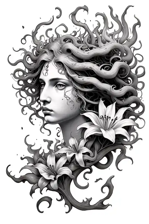 Medusa Head Surrounded By Lilies And Fire Swirls Like Lively Flames