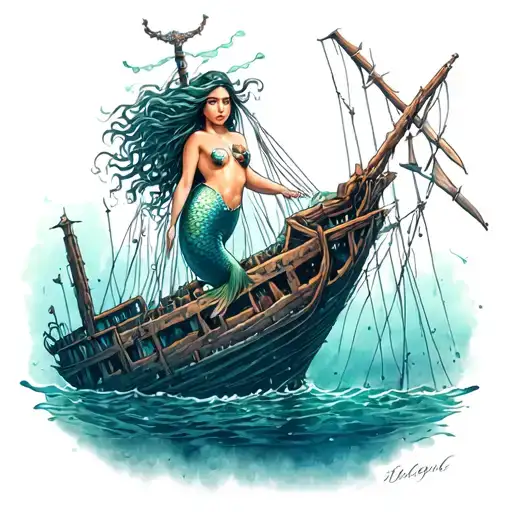 Underwater Shipwreck With Mermaid Thigh Tattoo Design