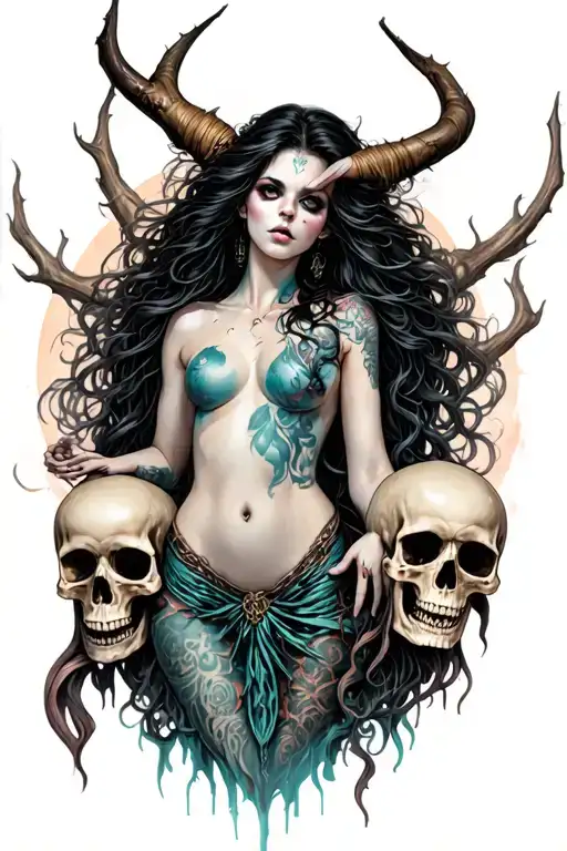 Evil Beautiful And Scary Siren With Skulls Around Her