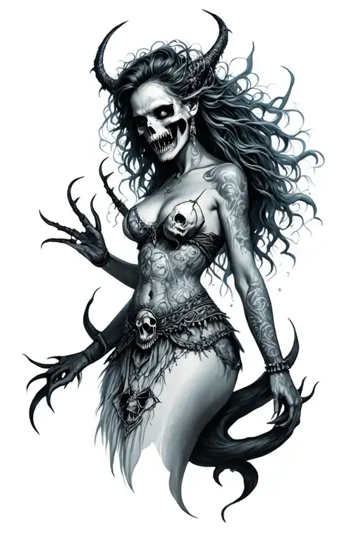 Evil Beautiful And Scary Siren With Fangs And Skulls Around Her