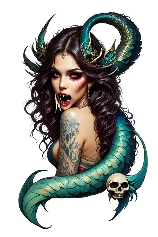 Evil Beautiful And Scary Siren With Fangs And Tail And Skulls Around Her