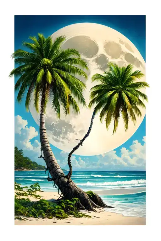 Palmetto Tree On Beach With Crest Moon