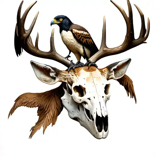 Deer Skull With A Hawk And Crane In The Antler