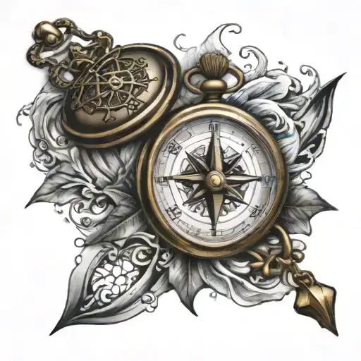 Compass Rose With Pocket Watch And Sea Waves