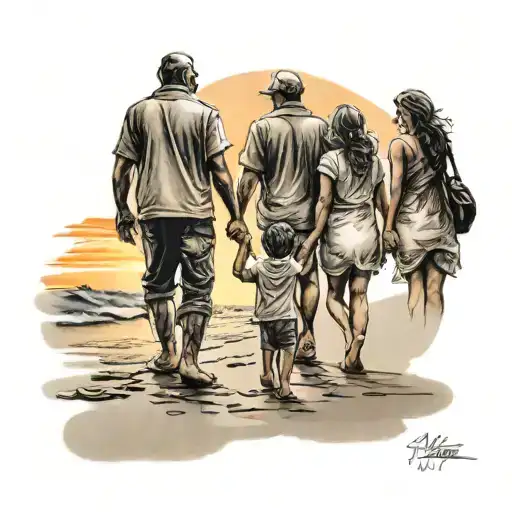 Family 2 Adults 3 Kids Walking On Beach Sunset