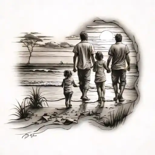 Family Walking On Beach Landscape Sunset Realism