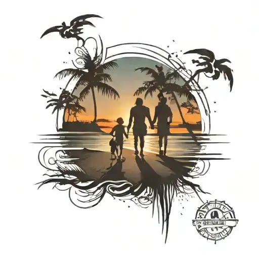 Family Walking On Beach Landscape Sunset Realism Style