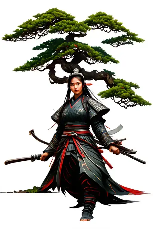Large Bonsai In Background With Samurai Female Warrior