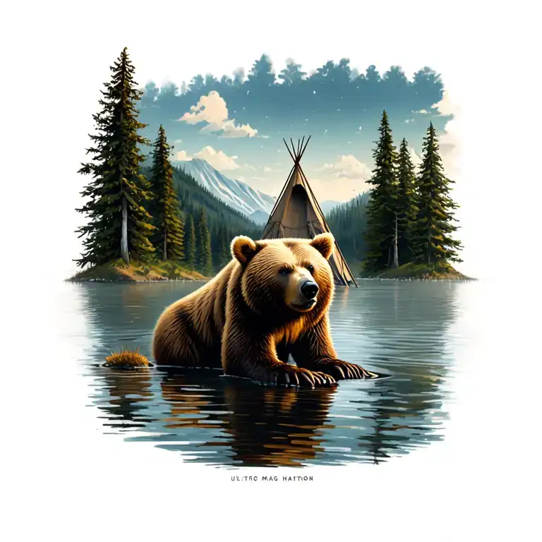 Bear In A Lake And A Tipi In A Forrest