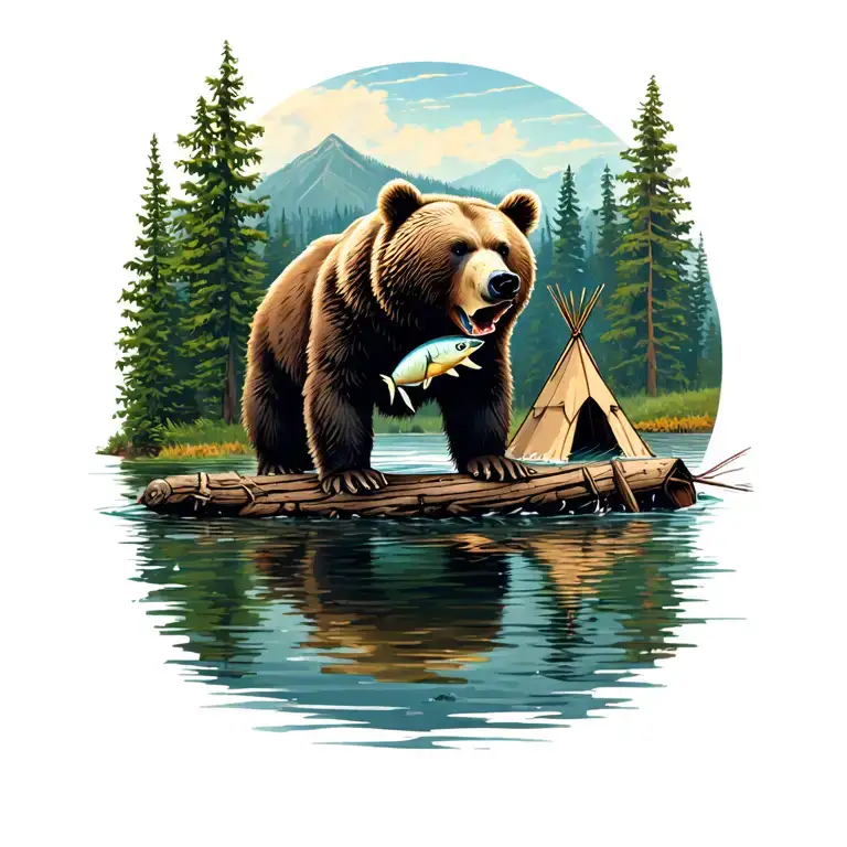 Bear Eating A Fish In A Lake And A Tipi In A Forrest