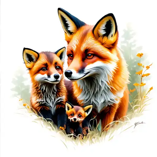 Father Fox And 2 Cubs Playing