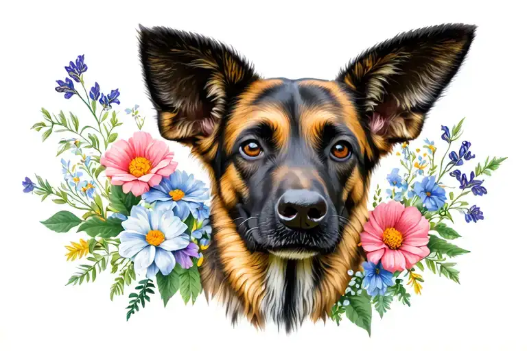 African Wild Dog Breed's Face Surrounded By Flowers