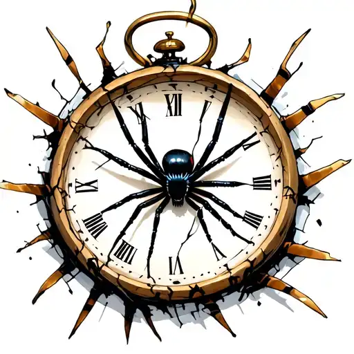 Broken Clock With Black Widow Spider Crawling