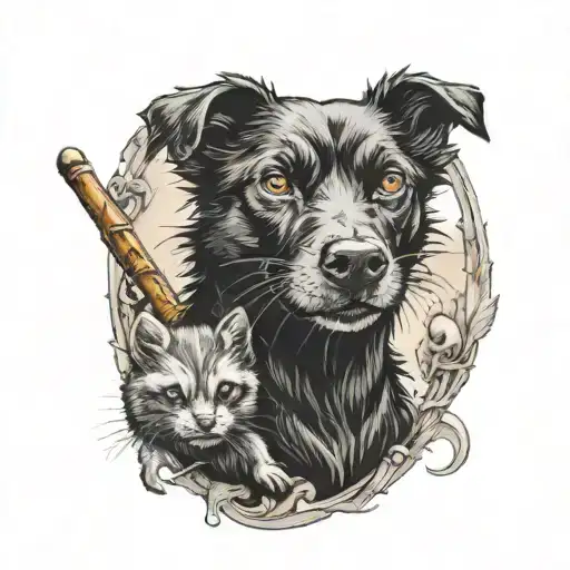 Black Dog With Burning Eyes And A Ferret Wearing A Pole Cat