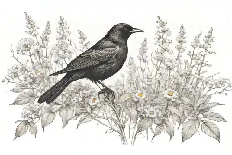 Blackbird In Wildflower Field