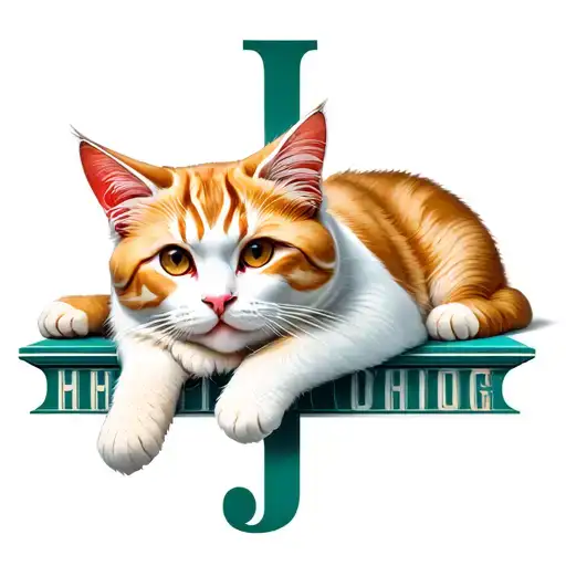 A White With Orange Fur Cat With One Ear Lying With His Front Legs On A Capital J