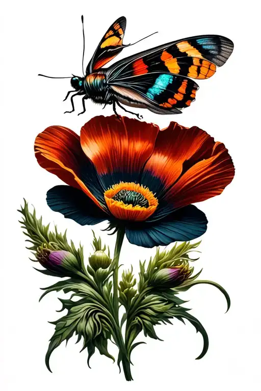 Moth And Wild Poppy Flower