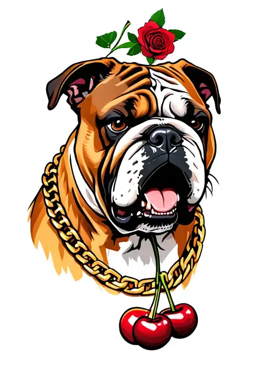 Angry Bulldog Wearing Cherry Chain Necklace With Roses Background