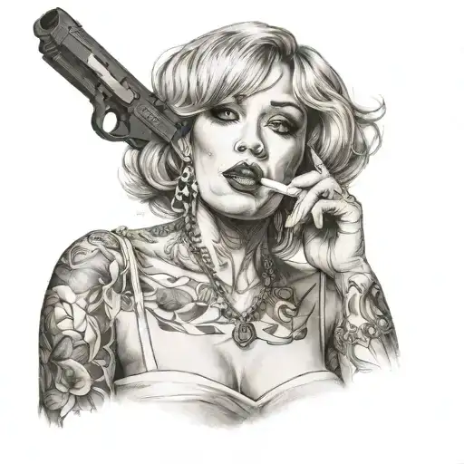 Marlene Munroe In A Dress With A Cigarette And A Gun To Her Jaw