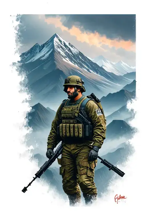 Mountain With Gloomy Weather With Army Man