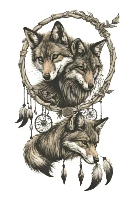 Fox And Wolf Cuddle Together Dream Catcher