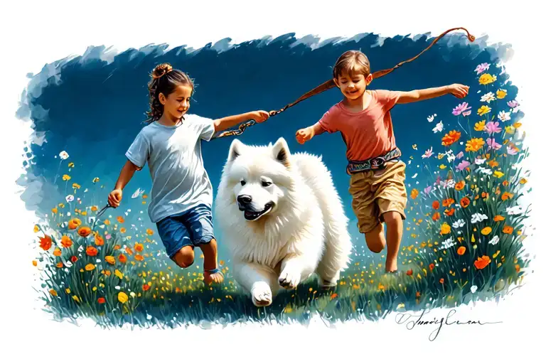 White Samoyed On A Leash Held By Two Human Kids Running To A Flower