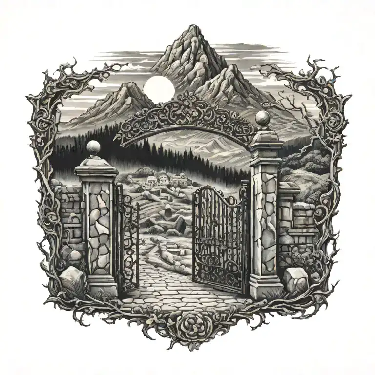 Cemetery Gate Leading Towards A Mountain