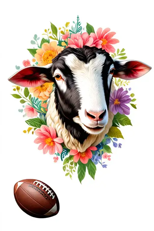 Sheep Head With Rugby Ball & Flowers Surrounding