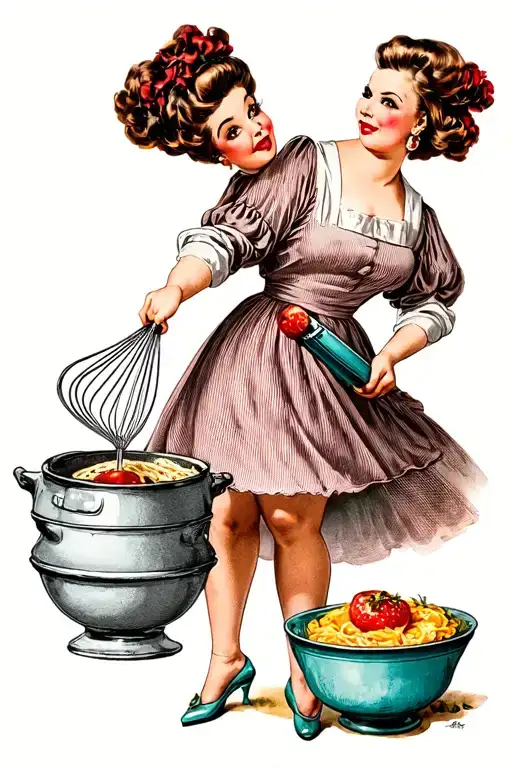 Pin-up Mother Full Body In Dress With Mixing Bowl And Whisk