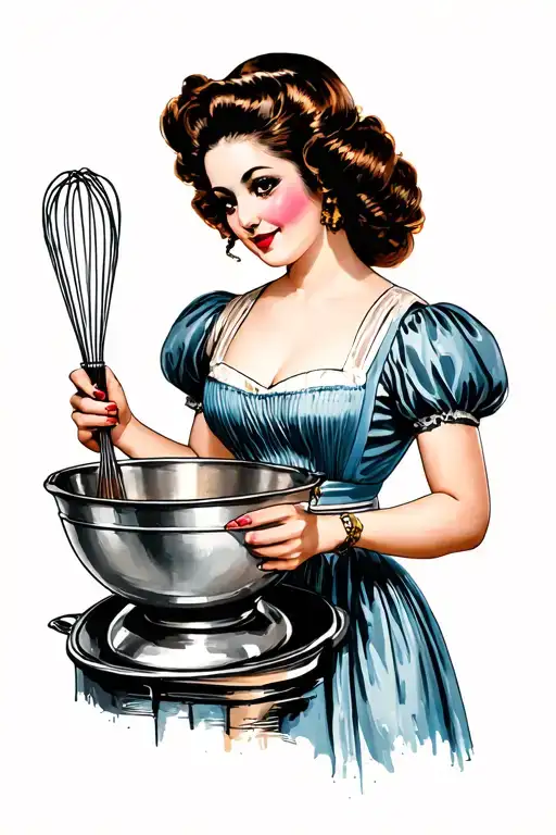 Pin-up Mother Full Body In Dress With Mixing Bowl And Whisk