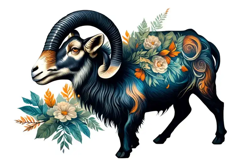 Capricorn Goat Tattoo Design Combining Elements Like Trees