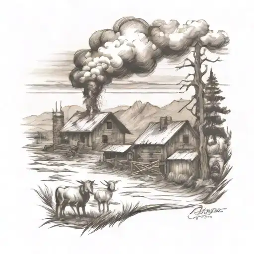 A Stylized Wildfire Scene With Farmyard