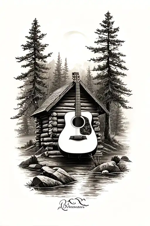 Log Cabin Nature Scene With An Acoustic Guitar