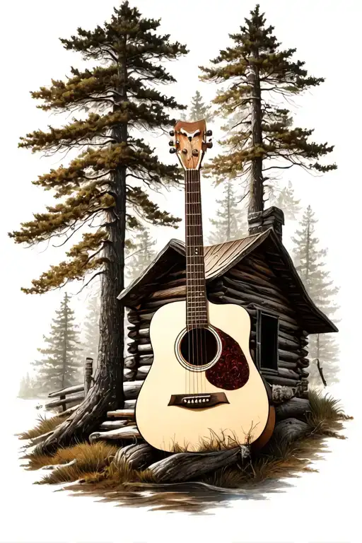 Log Cabin Nature Scene With An Acoustic Guitar