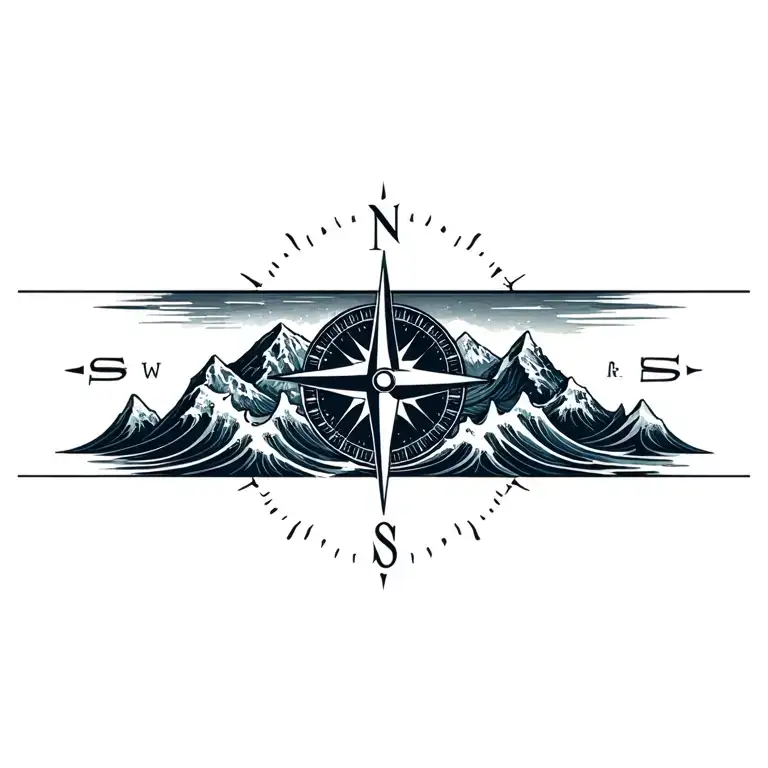 Compass With Band Made Of Mountains And Crashing Waves
